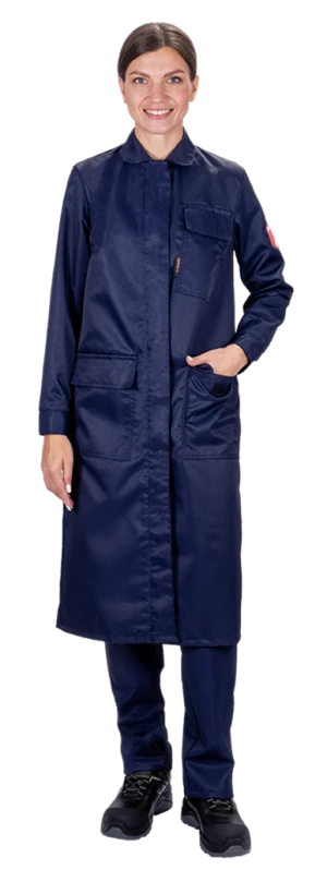 Комплект женский от растворов кислот и щелочей, механических воздействий, (халат, брюки), темно-синий